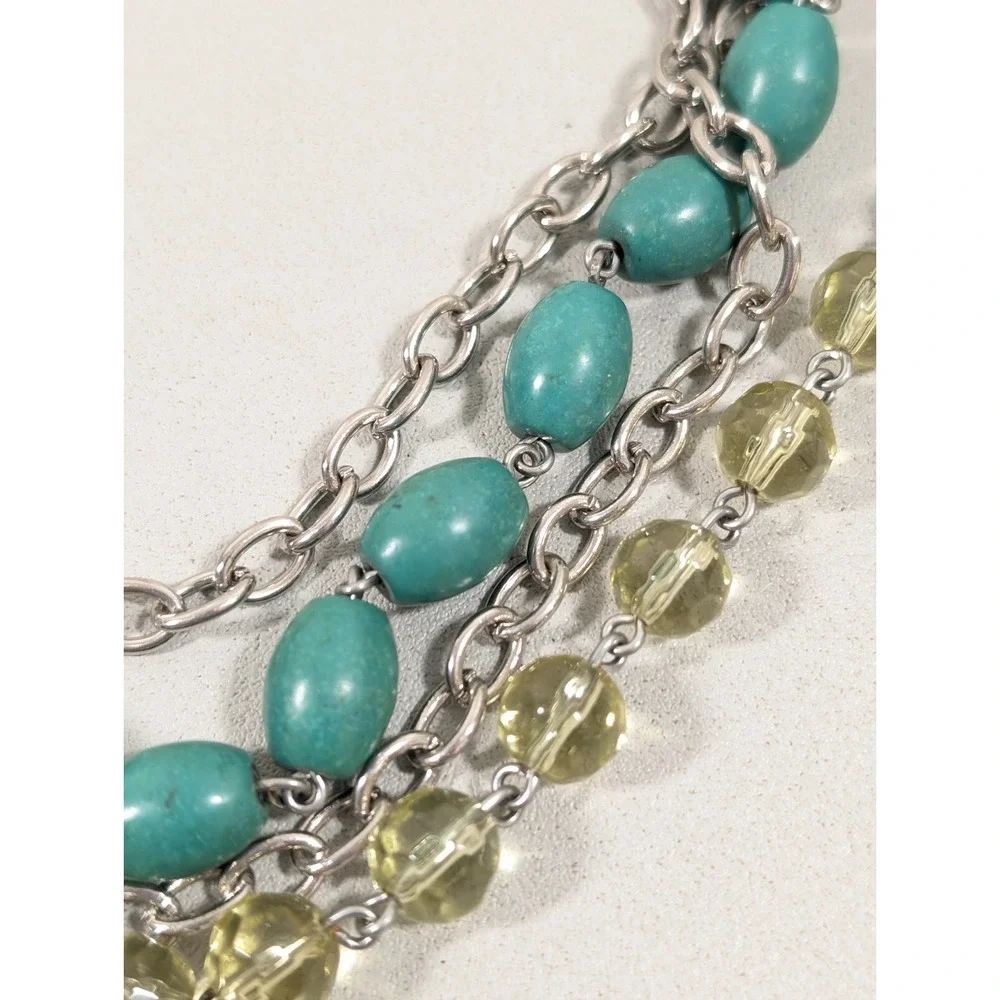 Beachy Coastal Green‎ Glass Stone Bead Layer Silver Tone Chain Necklace 19 in